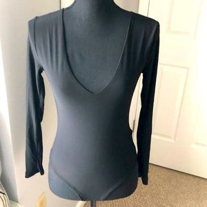 NWT Fashion Nova black silky bodysuit with plunging neckline